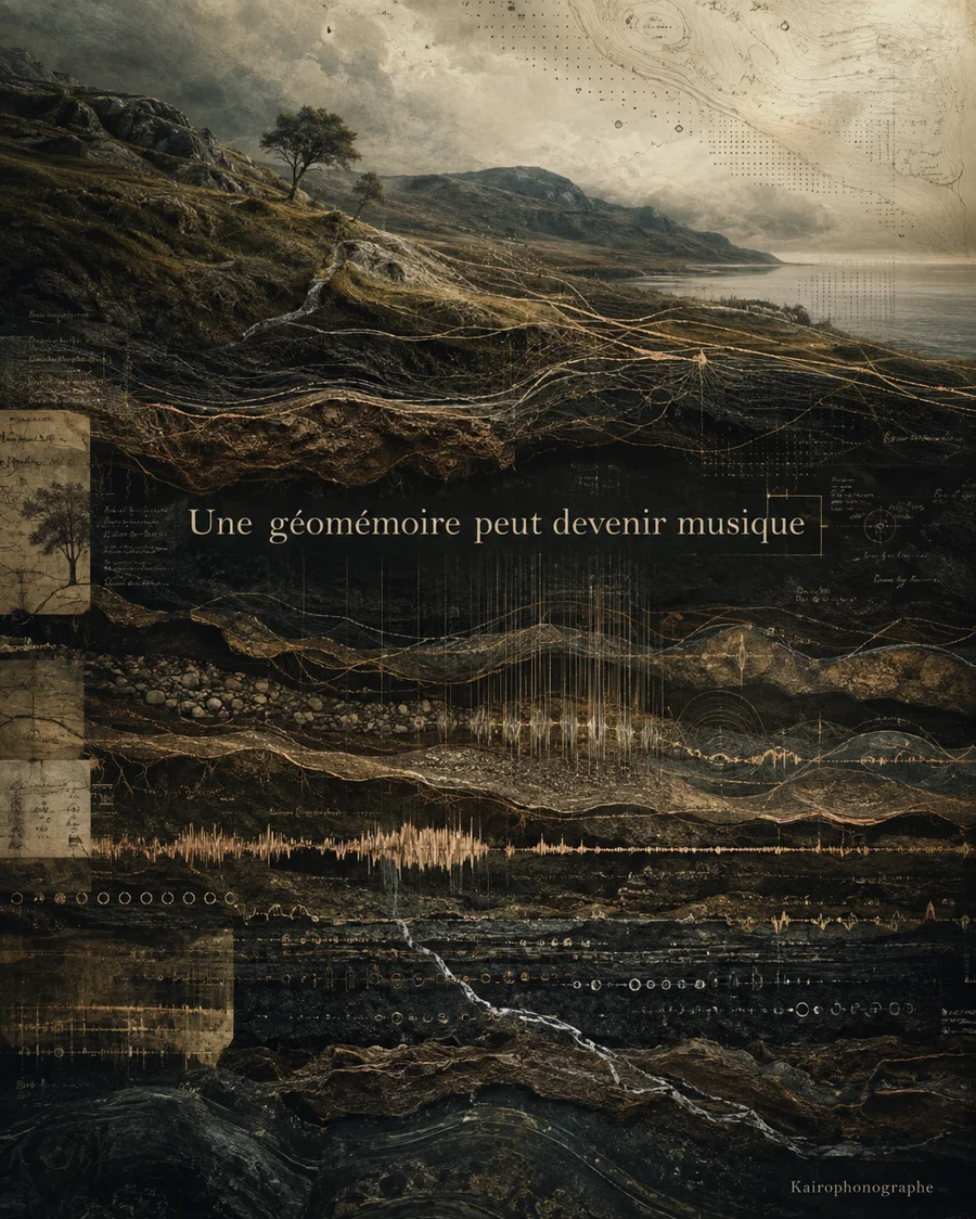 Affiche : un paysage de collines et de rivage se dissout vers le bas en strates géologiques traversées de tracés d'ondes sonores et d'annotations manuscrites, sous le titre « Une géomémoire peut devenir musique ».