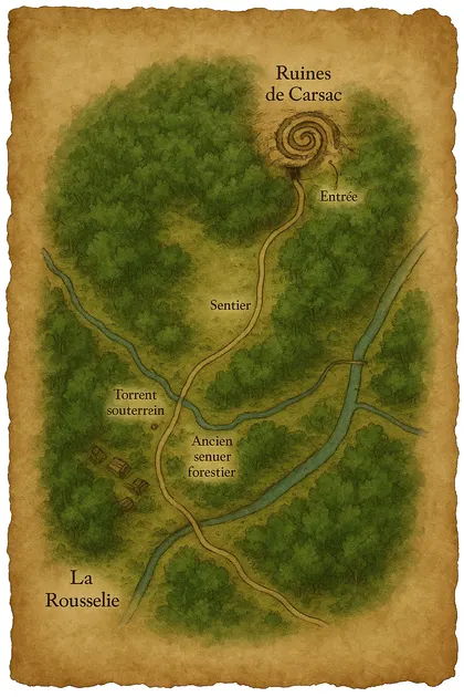Carte verticale de chemins et racines dans un territoire imaginaire.