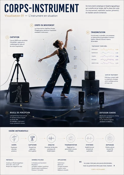 Planche annotée du dispositif sur un plateau : caméra de captation, danseuse en mouvement, unité de traitement, diffusion sonore et boucle de perception, avec la télémétrie en temps réel.