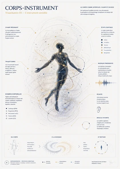 Planche d’un corps lumineux suspendu dans un champ de trajectoires, annoté des données corporelles, des états continus et de la boucle vivante entre écoute et mouvement.