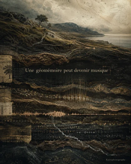 Affiche du Kairophonographe : un paysage se dissout en strates géologiques traversées de tracés d’ondes et d’annotations manuscrites.