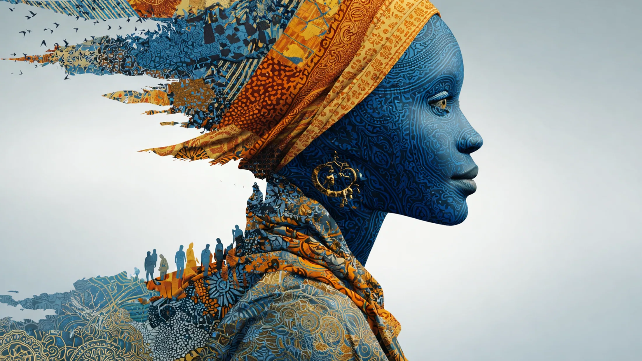 Visage symbolique bleu et or traversé de signes, de silhouettes et d’oiseaux, associé aux musiques hybrides.