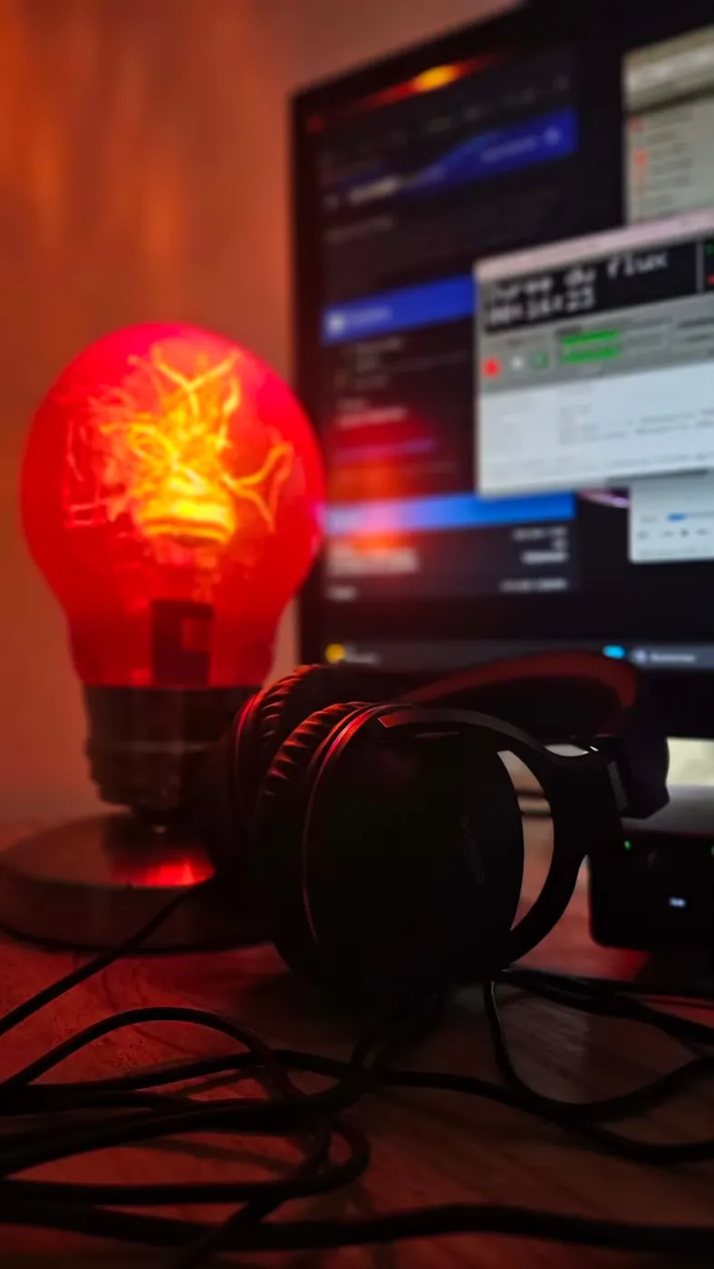 Une lampe rouge et un casque posés près d’un écran.