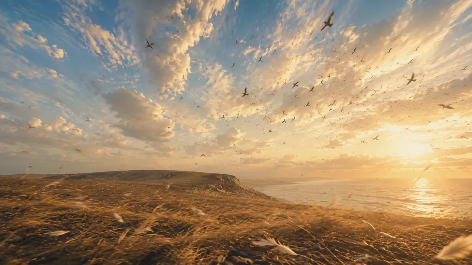 L’aube sur une falaise au bord de la mer, un ciel immense traversé par des oiseaux migrateurs.