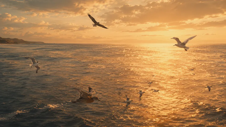 Des oiseaux passent au ras d’une mer dorée, le soleil posé sur l’horizon.