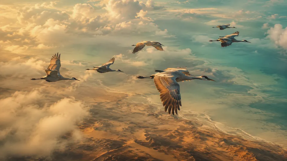 Des grues en vol au-dessus d’une mer turquoise, à l’heure dorée.