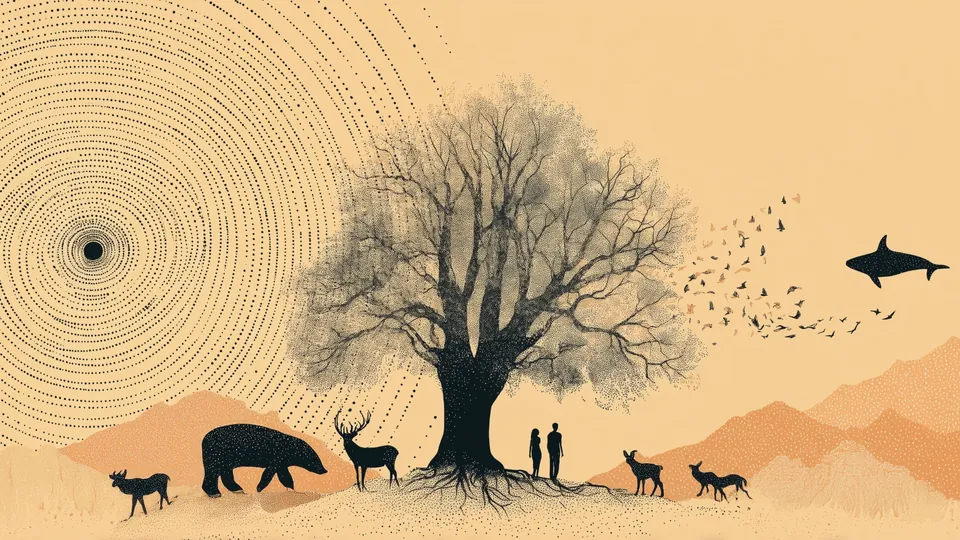 Un grand arbre au centre d’un cercle : des animaux, deux humains, une spirale et des oiseaux autour de ses racines.